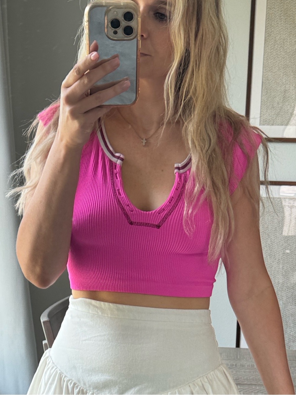Y2K Women’s Ribbed V-Notch Crop Top - Hot Neon Barbie Pink